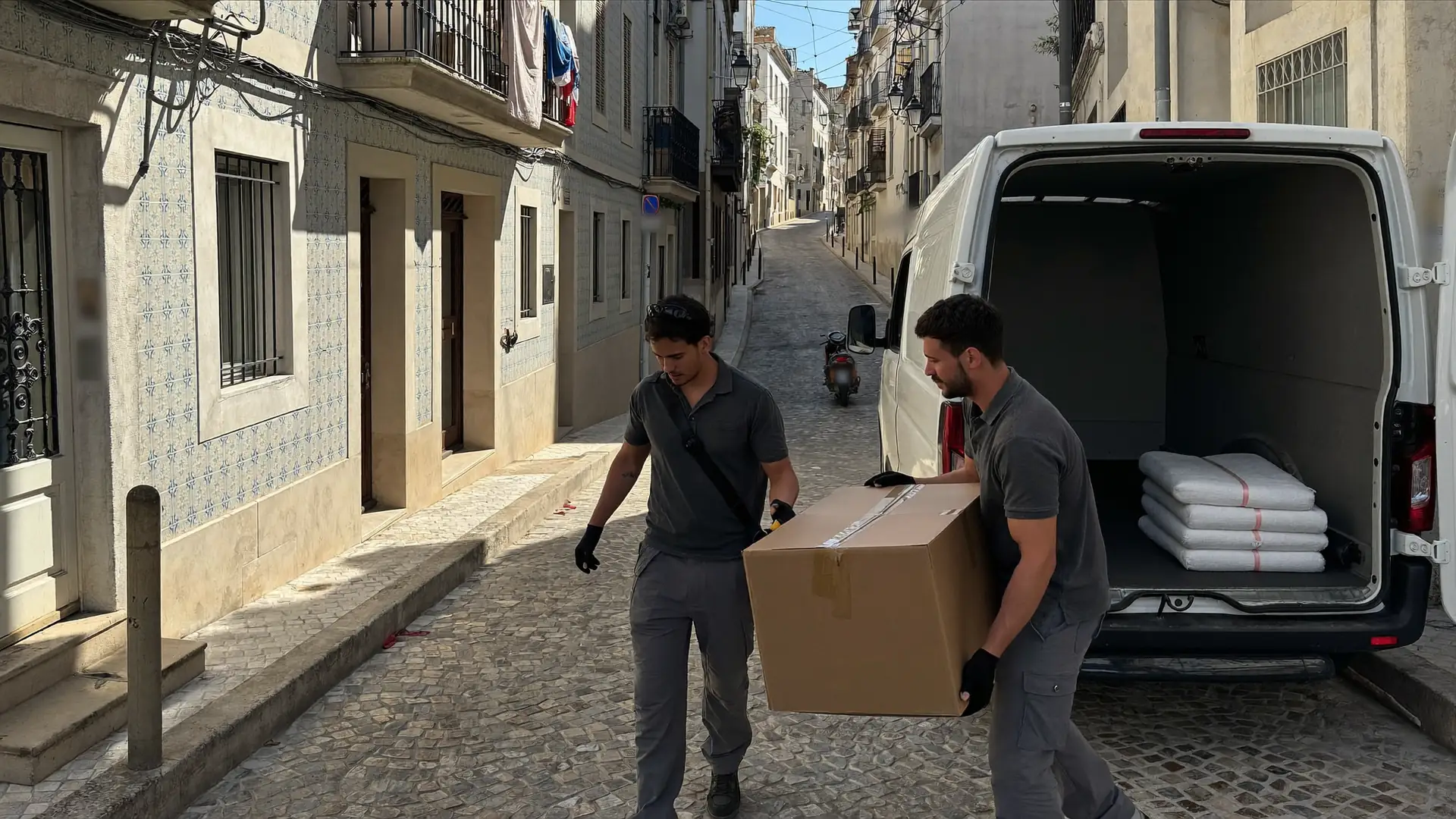Two removal workers carrying a cardboard box down a narrow cobbled Lisbon street towards an open van